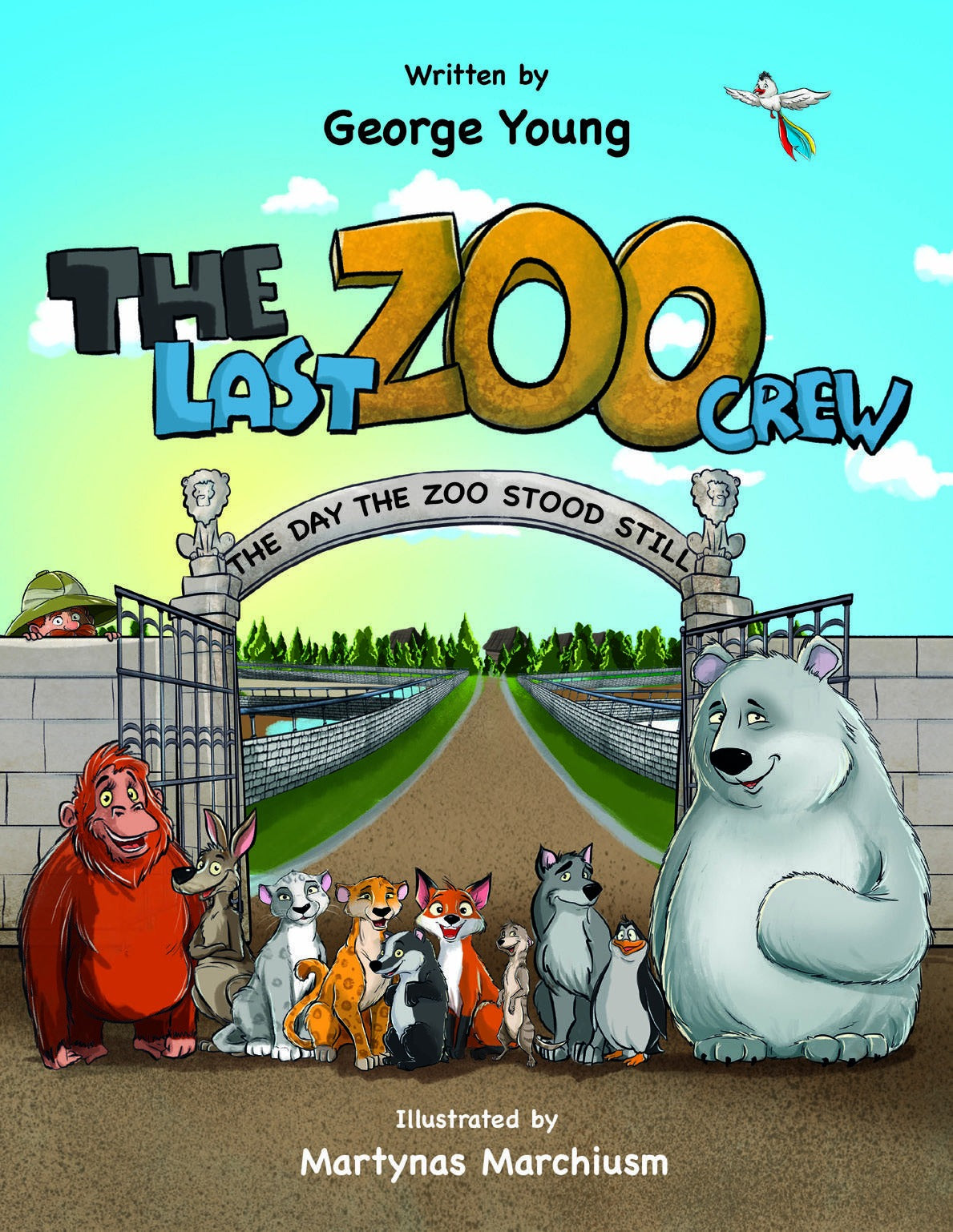 The Last Zoo Crew book cover, with ten animal friends gathered at the zoo gates