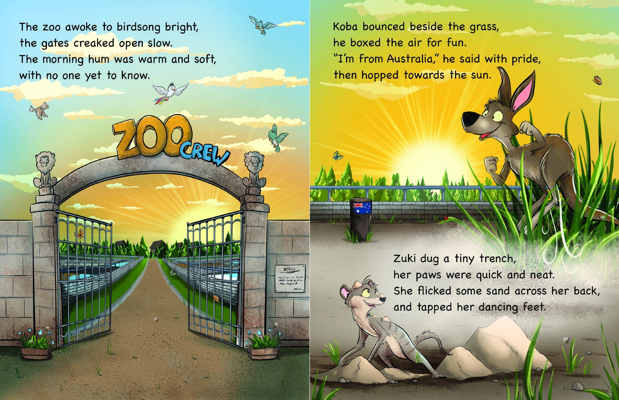 Sample pages: the zoo awakens at sunrise, and Koba the kangaroo and Zuki the meerkat begin their day