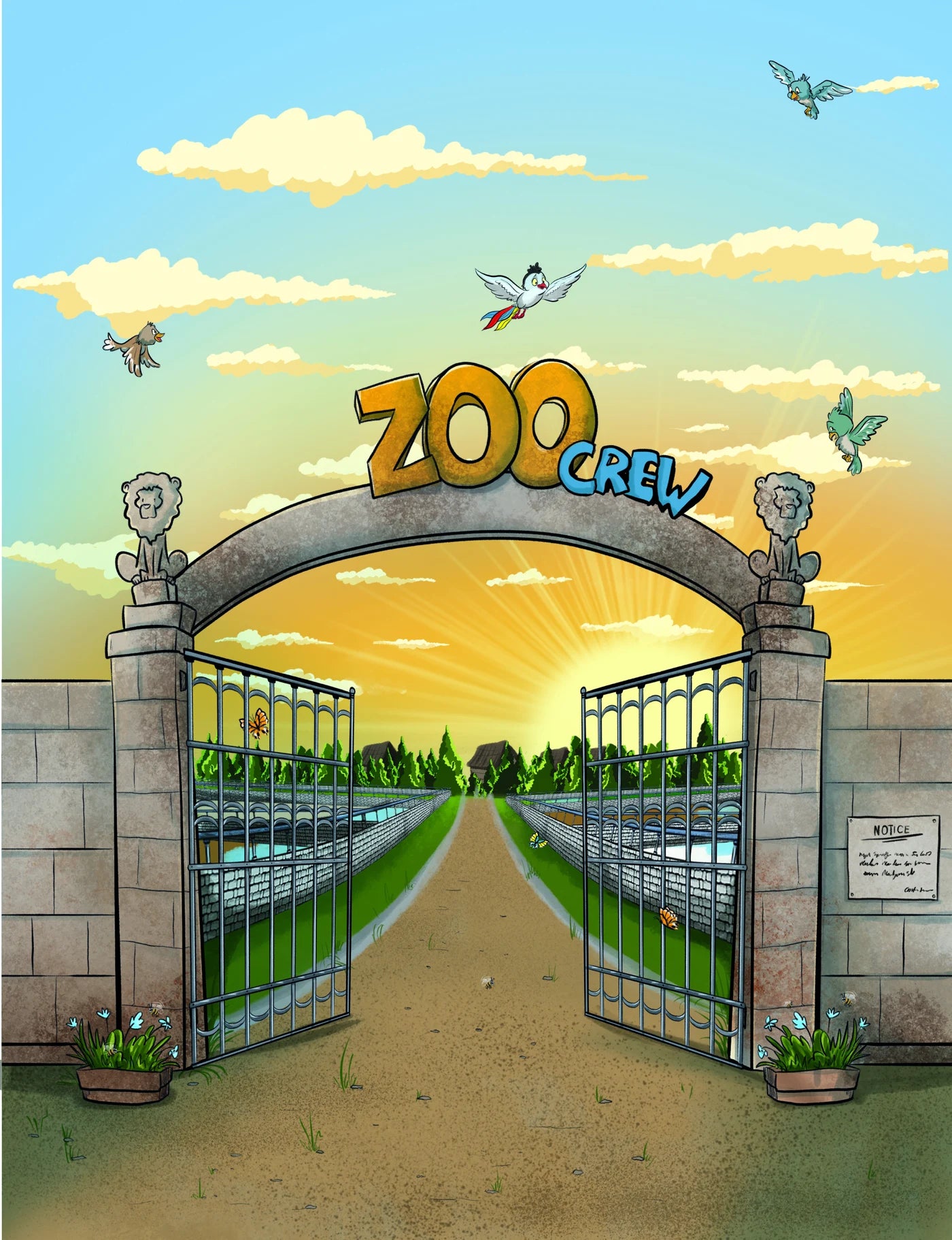 The sun rises over the open gates of the zoo